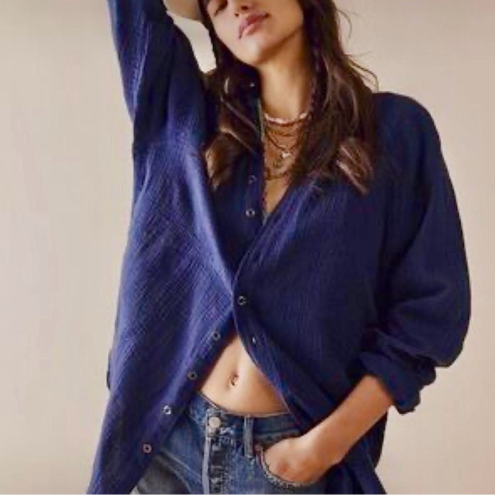 Free People Navy Textured Button-Down Top